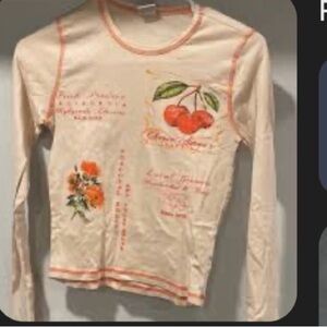 Urban Outfitters Cream Long Sleeve Tee with Cherry and Floral Design
